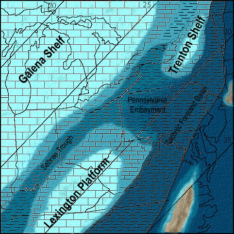 Paleogeographic Reconstruction of the Eastern United States During the (Upper Mohawkian) Early Late Ordovician  Image modified after Cornell (2003)